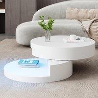 Round Rotating Coffee Table with Remote-Controlled LED Strip, Space-Saving Tabletop with Double-Layer Storage, 70L x 70W x 35.5H cm, White Aosom UK
