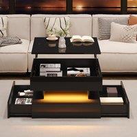 Lift-Up Coffee Table with App-Controlled LED Light Strip and Hidden Storage, Solid Center Table with 2 Drawers, 65L x 65W x 38.5H cm, Black Aosom UK