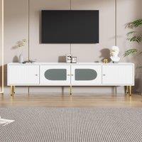 Stylish TV Stand with 2 Glass Doors and Metal Support Legs, Sturdy TV Cabinet for Living Room or Bedroom, 170L x 35W x 50H cm, White Aosom UK