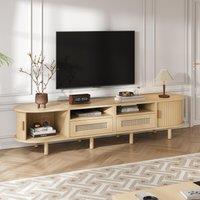 Modern TV Stand with 2 Drawers, 2 Sliding Doors & 8 Solid Wood Legs, Versatile Cabinet with Rounded Corners, 170L x 40W x 40H cm, Oak Aosom UK