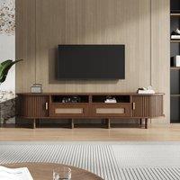 Rattan TV Stand with Sliding Doors and 8 Solid Wood Legs, Oak TV Cabinet with Rounded Corner, 170L x 40W x 40H cm, Oak Aosom UK