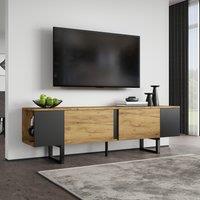 Natural-Wood TV Cabinet with Open Shelves and Soft-Close Doors, Stylish TV Stand with Chipboard Construction, 180L x 40W x 55H cm, Natural Aosom UK