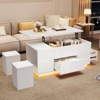 Lift-Top Coffee Table with App-Controlled LED, Sleek White Center Table with 2 Storage Ottomans, 100L x 50W x 45H cm, White Aosom UK