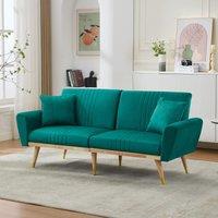 Convertible Futon Sofa Bed with 3-Position Adjustable Backrest, Modern Fleece Loveseat with Solid Wood Legs, 197.5L x 86W x 60H cm, Green Aosom UK