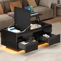 Lift-Top Coffee Table with App-Controlled RGB LED Lights, High-Gloss Center Table with Hidden Compartment, 100L x 45W x 43H cm, Black Aosom UK