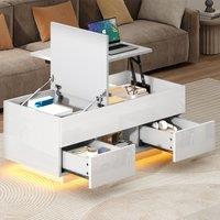 Lift-Top Coffee Table with App-Controlled RGB LED Lights, High-Gloss Center Table with Hidden Compartment, 100L x 45W x 43H cm, White Aosom UK