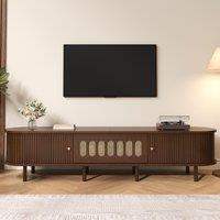 Oval TV Unit with Rattan-Effect Hinged Door, Sturdy Lowboard with 5 Enclosed Compartments, 180L x 40W x 40H cm, Walnut Aosom UK