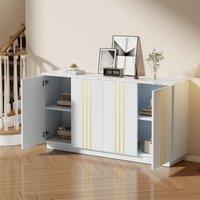 Living Room Sideboard with Elegant Metallic Vertical Lines, Freestanding Storage Cabinet with 4 Doors, 140L x 35W x 70H cm, White Aosom UK