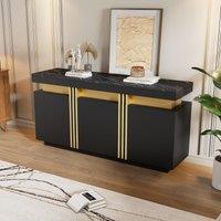 Modern Sideboard with Faux Marble Top and Anti-Tip Fixings, Luxury Storage Unit with Adjustable Shelves, 140L x 38W x 70H cm, Black Aosom UK