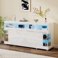 High-Gloss Sideboard with Bluetooth LED Lighting, Modern Storage Cabinet with 3-Tier Tempered Glass Shelves, 140L x 40W x 70H cm, White Aosom UK