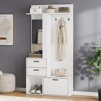 Modern Hall Tree with Mirror and Fold-Out Shoe Rack, Space-Saving Entryway Organizer with 3 Hooks and Drawers, 90L x 30W x 180H cm, White Aosom UK