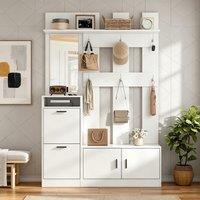Modern Hall Tree with Coat Rack, Mirror and Shoe Bench, Space-Saving Entryway Unit with 6 Hooks and Cabinets, 120L x 30W x 180H cm, White Aosom UK