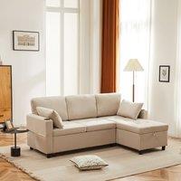 Linen Look L-Shaped Corner Sofa Bed with Storage, 3 Seater Convertible Settee with Cup Holders and Magazine Pockets, 212x141x87.5 cm, Beige Aosom UK