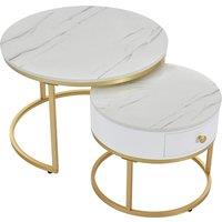 Round Nesting Coffee Tables with Drawer, Set of 2 with Storage, Gold Metal Frame and Marble Pattern Top for Living Room and Office, White Aosom UK