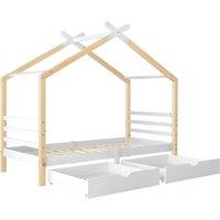 Children's House Tree Canopy Single Bed with Underbed Storage Drawers, Solid Pine Wood Bed, Safety Rail Guards, 200x96x183 cm, Natural Aosom UK
