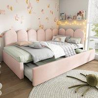 3ft Upholstered Daybed with Pull-Out Bed, Velvet Fabric, Easy Installation, Single Sofa Bed with Slatted Frame, 193L x 97W x 76H cm, Pink Aosom UK