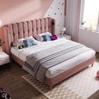 Upholstered Velvet Double Bed with USB and Type-C Charging Ports, Wooden Slatted Frame, Comfortable and Skin-Friendly Teenager Bed, Pink Aosom UK