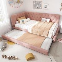 Upholstered Daybed with Pull-Out Trundle and Slatted Base, Velvet Single Sofa Bed for Adults and Kids, 202L x 105W x 83H cm, Pink Aosom UK