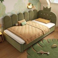 Upholstered Daybed with Pull-Out Trundle and Lattice Detail, Crown-Headboard Kids Bed with Metal Slatted Frame, 194L x 98W x 95H cm, Green Aosom UK