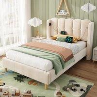Functional Upholstered Bed with USB & Type-C Ports, Ideal Bed Frame for Living Rooms, 197L x 103W x 103H cm, Beige Aosom UK