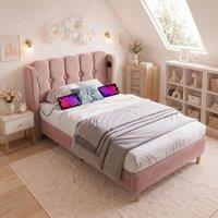Practical Single Bed with USB and Type-C Charging Ports, Cozy Bed Frame with Grille Design Panel Headboard, 197L x 103W x 103H cm, Pink Aosom UK