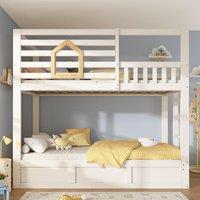 Children's Cabin Bunk Bed with Hydraulic Underbed Storage, SpaceSaving Bed Frame with Integrated Ladder, 200L x 102W x 184H cm, White Aosom UK