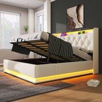 Upholstered Double Ottoman Bed with LED Light, USB Charging Port, Hydraulic Storage Bed Frame for Bedroom, 206L x 148W x 104H cm, White Aosom UK