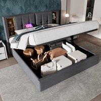 Upholstered Double Bed with 4 Compartments, Wireless Charging, USB and Type-C Ports, Hydraulic Storage Bed, 196L x 141W x 100.5H cm, Grey Aosom.UK