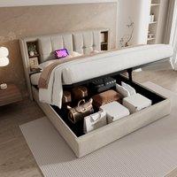 Upholstered Double Bed with 4 Compartments, Wireless Charging, Linen Fabric, Hydraulic Storage Bed Frame, 196L x 141W x 100.5H cm, Natural Aosom.UK