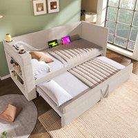 3ft Upholstered Daybed With Cup Holders, 3 USB and Type‑C Charging Ports, Single Sofa Bed for Compact Room, 207L x 98W x 74H cm, Beige Aosom UK