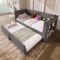 Upholstered Daybed with Pull-out Trundle and Built-in Cup Holders, Bed Frame with Armrests and Side Storage, 207L x 98W x 74H cm, Grey Aosom UK