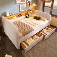 Functional Sofa Bed with 2 Smooth-Sliding Drawers, Modern Curved Daybed with LED Lighting, 197.5L x 107W x 70H cm, Beige Aosom UK