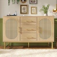 Contemporary Rattan Sideboard with Woven Rattan-Effect Front, Textured Storage Cabinet with Metal Handles, 120L x 40W x 74H cm, Oak Aosom UK
