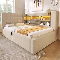 Upholstered Daybed with Hydraulic Under-Bed Storage, Beige Linen Sofa Bed with App-Controlled LED Lighting, 203L x 108W x 86H cm, Beige Aosom UK