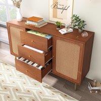 Rattan Sideboard Cabinet with 2 Perforated Rattan-Front Drawers, Walnut 6-Drawer Dresser for Dining Areas, 120L x 40W x 90H cm, Walnut Aosom UK