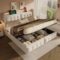 Practical Double Bed with Power 0utlets and USB Ports, Stylish Bed Frame with Gas-Lift Storage, 211L x 142W x 110H cm, Beige Aosom UK