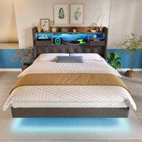Upholstered Double Floating Bed with LED Mood Lighting, Low-Profile Floating Bed Frame with Storage Headboard, 202L x 142W x 114H cm, Grey Aosom UK