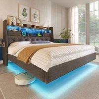 Modern Floating Bed with LED Mood Lighting and Charging Ports, Stylish Bed Frame with Streamlined Side Panels, 211L x 187W x 114H cm, Grey Aosom UK