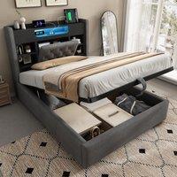 Upholstered Linen Bed Frame with Ambient LED Lighting, 4ft6 Double Bed with Hydraulic Under-Bed Storage, 213L x 143W x 115H cm, Grey Aosom UK