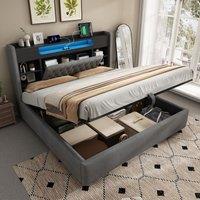 Practical Double Bed with Hydraulic Storage, Stylish Bed Frame with LED Lighting, 223L x 158W x 115H cm, Grey Aosom UK