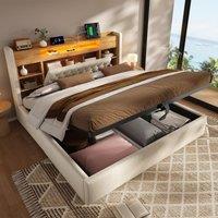 Practical Double Bed with Hydraulic Storage, Stylish Bed Frame with LED Lighting, 223L x 188W x 115H cm, Grey Aosom UK