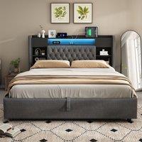 6ft Super King Upholstered Bed with Hydraulic Storage, Stylish Modern Bed Frame with Ambient LED Lighting, 223L x 188W x 115H cm, Grey Aosom UK