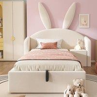 Bunny Ears Children's Single Bed with Hydraulic Lift Storage, Plush Velvet Bed Frame with Wooden Slatted Base, 206L x 149W x 143H cm, Beige Aosom UK