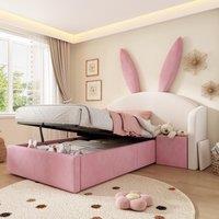 Bunny Ears Children's Bed with Hydraulic Storage, Adorable Bed for Girls Bedrooms, 206L x 149W x 143H cm, Beige+Pink Aosom UK