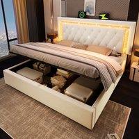 Smart Double Bed with Height-Adjustable Headboard, Stylish Bed Frame for Contemporary Bedrooms, 204L x 145W x 108H cm, Beige Aosom UK