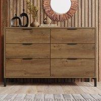 Dark Oak Sideboard with 6 Drawers and Industrial Metal Frame, Industrial Rustic Cabinet with Adjustable Feet, 120L x 40W x 76H cm, Dark Oak Aosom UK