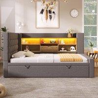 Upholstered Daybed with Pull-Out Trundle and Space-Saving Storage, Grey Linen Bed Frame with LED Lighting, 204L x 107W x 88H cm, Grey Aosom UK