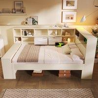 Practical Platform Bed with USB, Type-C Charging Ports and Bookcase, L-Shaped Bed with Triple-Side Storage, 234L x 116W x 90H cm, White Aosom UK