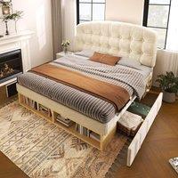 Upholstered Single Bed with Storage Drawers and Compartments, Velvet Bed Frame with Button-Tufted Headboard, 198L x 101W x 120H cm, Beige Aosom UK