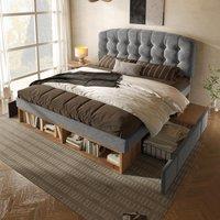 Upholstered Single Bed with Height-Adjustable Headboard, Plush Grey Bed Frame with Built-In Drawers, 198L x 101W x 120H cm, Grey Aosom UK